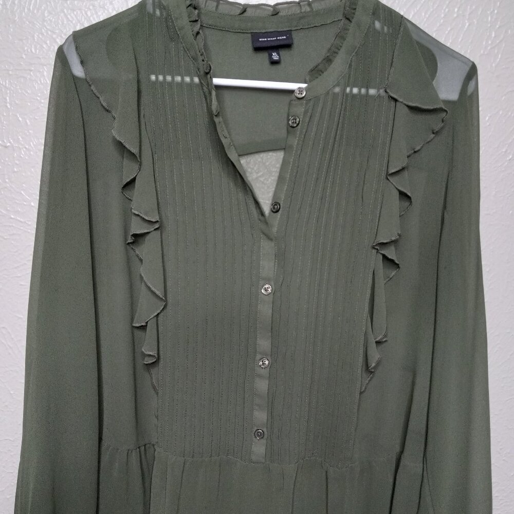 Who What Wear Olive Green Ruffle Peasant Blouse Button‎ Down Size XL